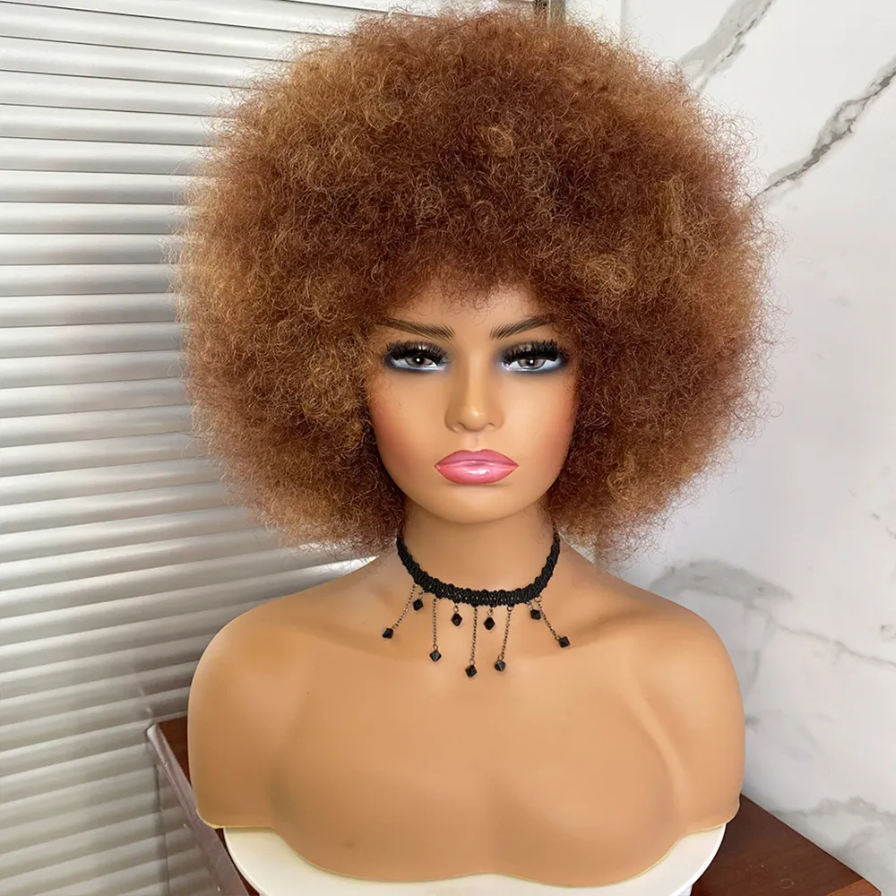 Haute bouffée Afro perruque courte crépus bouclés perruque avec frange noir naturel Ombre cheveux synthétiques pour les femmes fête danse femme Bob perruques