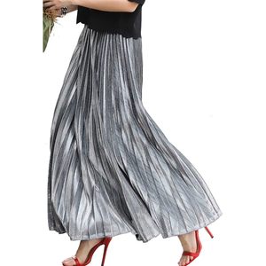 Women's <b>Metallic</b> Shiny Pleated Maxi Long <b>Skirt</b> Regular Waist Chiffon Fabric - Product Image 2