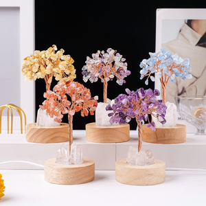 Árbol de la Abundancia de Cristal Natural, Pequeña Lámpara Nocturna, Clúster de Cristal Amarillo y Blanco, Luminoso, USB, Decoración de Ambiente para Mesita de Noche, 9 Cristales - Product Image 3