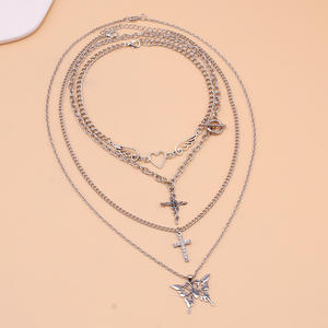 Ensemble de colliers multicouches avec pendentif croix papillon et cœur pour femmes, bijoux de fête, chaîne argentée, accessoires de mode - Product Image 3