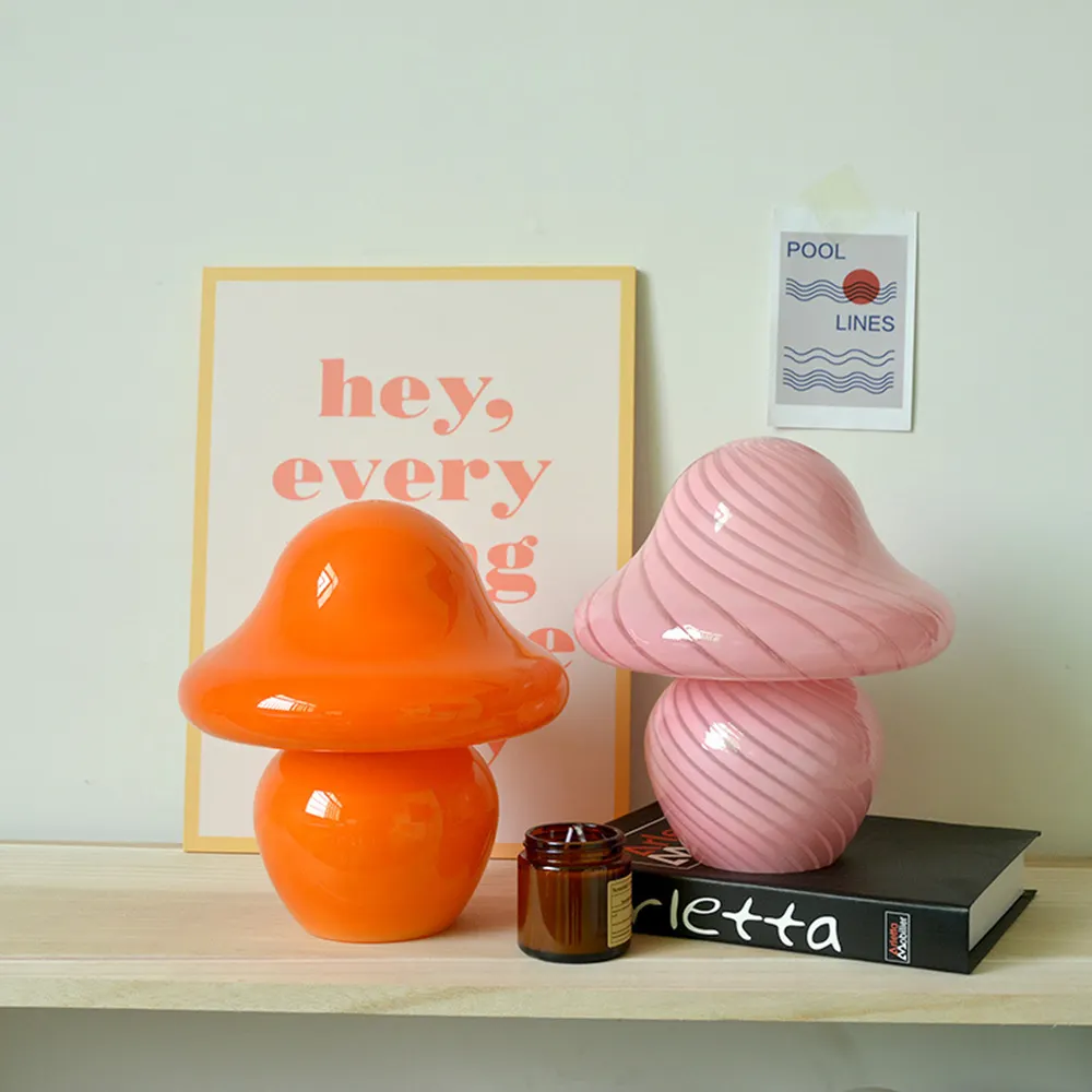 Bedroom Bed Side Portable Orange Glass Creative Led Mushroom Table Lamp