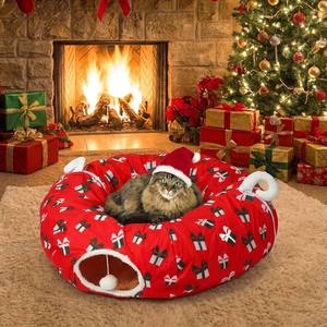 Großhandel Fabrik Ganzjahres-Warmes Gemütliches Weiches Plüsch Faltbares Großes Tunnel-Höhlen-Katzenbett mit Weihnachtsbaum-Design für Hauskatzen - Product Image 1