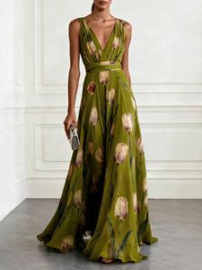 Robe longue sans manches pour femme, imprimé tulipes, col en V, en mousseline, décontractée, taille naturelle, écologique - Product Image 5