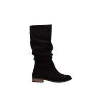 Bottes à enfiler aux genoux en cuir de daim végétalien personnalisées pour femmes, bottes mi-mollet vintage à bout rond et antidérapantes en daim végétalien noir