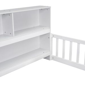 Cama de suelo doble DB con estantes de estantería blanca y barandillas, muebles con funda - Product Image 2
