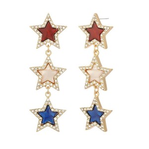 Orecchini pendenti a tripla stella in cristallo placcato oro, lunghi, con stelle rosse, bianche e blu, gioielli da festa per donna, idea regalo. - Product Image 1