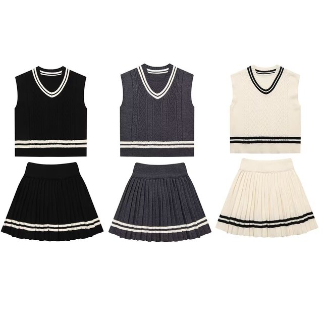 SHENZHU Set Woman 2 Pieces 2024 Fashion Color Contrast Preppy Knit Suit Vintage Vest Vents Female + Mini Skirt Women's Suit