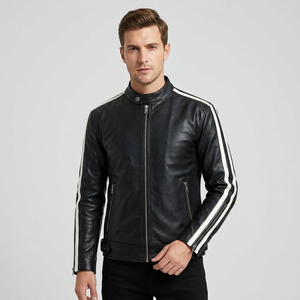 SAAR INDUSTRIES Men's Black Genuine Leather Coated <b>Waterproof</b> Windproof Bomber Racing Motorcycle <b>Jacket</b> Front <b>White</b> Stripe Slim - Product Image 1