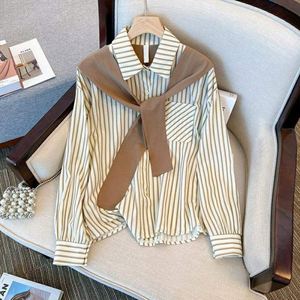 I-0687 Camicia Verde a Righe con Sciarpa, Nuovo Stile Coreano per <span class=keywords><strong>Donna</strong></span>, Cardigan a Maniche Lunghe Vestibilità Ampia per Inizio Autunno - Product Image 2