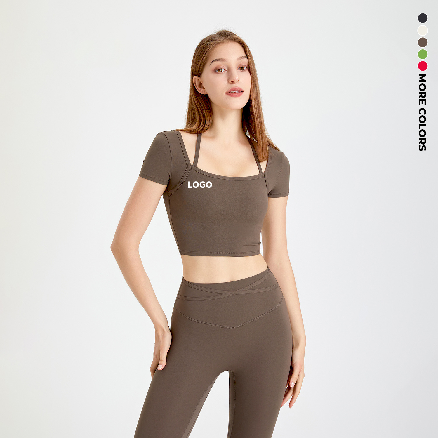 Yoga Suit Short-sleeved T-shirt for Women with Chest Pad Halter Neck Exercise Quick-drying Running Fitness Clothes Top