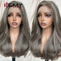 KEMY HAIR Perruque Lace Frontale Synthétique Luxe Gris Brun Haute Qualité Courte pour Femme 1 Perruque 3 Styles : Ondulée Naturelle, Lisse, Bouclée Crépue