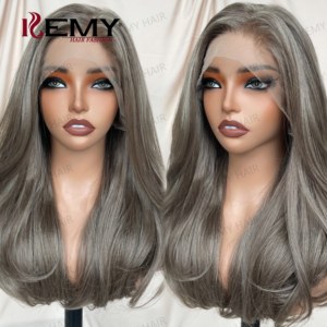 KEMY HAIR <span class=keywords><strong>Parrucca</strong></span> Sintetica di Lusso Grigio-Marrone con Frontale in Pizzo, Alta Qualità, Corta, da <span class=keywords><strong>Donna</strong></span>, 1 <span class=keywords><strong>Parrucca</strong></span> 3 Stili: Naturale, Liscia, Ricci Crespi - Product Image 4