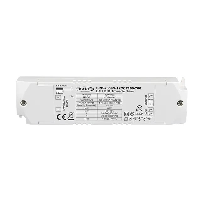 Controlador LED habilitado para NFC DALI DT8 de 12W (corriente constante) 100-700mA seleccionable Tamaño mini con función push DIM