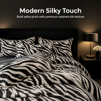 Parure de lit 4 pièces en fibre de polyester 100 % imprimé zèbre, effet soie lavée, bordure contrastée haute densité, noir et blanc, draps en satin rafraîchissants