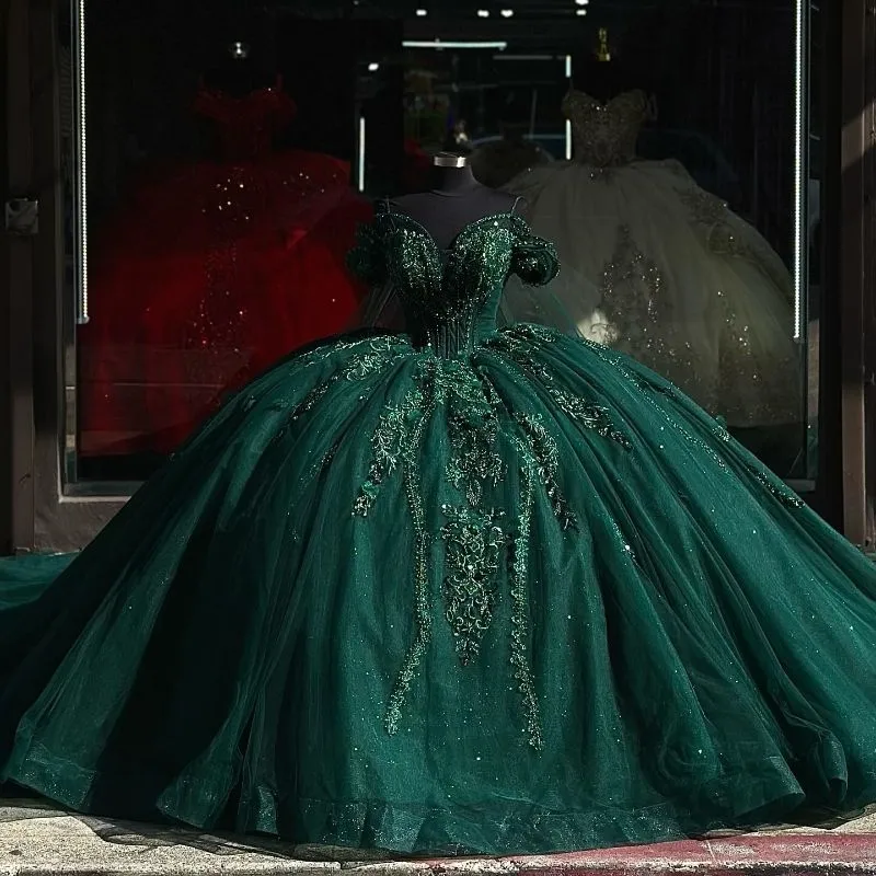 Dark Green Off-the-shoulder Sweet 16 Ball Gown Dress Oem
