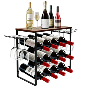 Casier à vin autoportant en métal noir à 3 niveaux pour 12 bouteilles avec crochets, support de rangement moderne de petite taille pour comptoir, table, armoire ou garde-manger - Product Image 1
