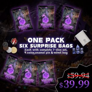 Paquete de Dados Misteriosos DND - 6 Bolsas Sorpresa, 7 Dados Poliédricos, 4 Monedas Metálicas, Pin Esmaltado, Bolsa de Terciopelo - Set Premium 1:10 - Regalo para TTRPG DMS - Product Image 2