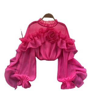 Estación internacional Venta caliente Blusa <span class=keywords><strong>de</strong></span> primavera y otoño Camisa <span class=keywords><strong>de</strong></span> manga larga <span class=keywords><strong>de</strong></span> cuello alto con volantes europeos y americanos para <span class=keywords><strong>mujer</strong></span> - Product Image 1