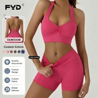 Ensembles de yoga personnalisés, extensibles dans quatre directions, séchage rapide, anti-transpiration, haut de sport à col halter et short taille haute, ensemble 2 pièces pour le sport et la gym