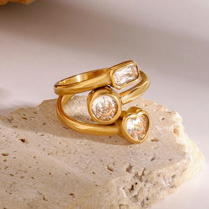 Fashion Rings 18k Gold Stainless Steel Three Layer Heart Round <b>Square</b> Zircon Bezel Setting Unisex Gift Jewelry - Product Image 1