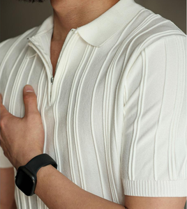 2025 estate nuova maglietta da uomo mezza Zip tinta unita Slim-Fit alla moda Versatile senza colletto in ferro a maniche corte in maglia - Product Image 6