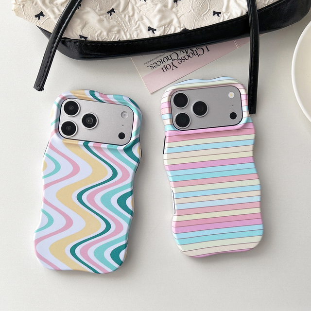 Colorful Wave Lines Detachable 2 in 1 TPU+PC Hard Phone Case for iPhone 14 15 16 17 Pro Max Wave Edges Shockproof Film Cover