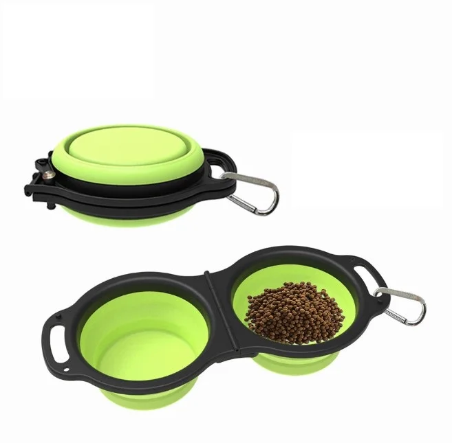 Eco-friendly 2 in 1 silicone pet bowl portable foldable double dog bowl for food and water