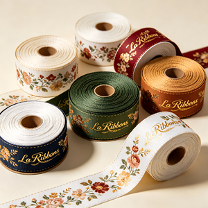 Ruban en satin imprimé floral vintage personnalisé avec logo doré, fabriqué au Vietnam, pour bouquets de mariage et emballages cadeaux - Product Image 3