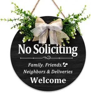 No Soliciting Sign for Door Hanging Family Neighbors Deliveries Welcome Wood Plaque Wreath Home Entryway Porch Farmhouse Decor