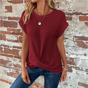Camiseta de Cuello Redondo de Color Sólido de Alta Calidad para Primavera/Verano, Top Corto Elegante con Mangas Cortas para Mujer - Product Image 5