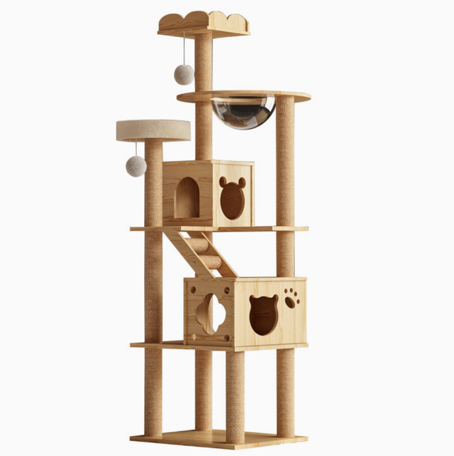 All-in-One Wooden Cat Tower, Compact Cat Furniture with Condo, Scratching Post and Transparent Capsule SJZAN