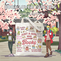 Sac fourre-tout en toile RNYJJ Coquette Preppy Girly avec motifs de dessins animés et de textes pour les bibliophiles, les passionnés de livres et les bibliothécaires - Lavable en machine