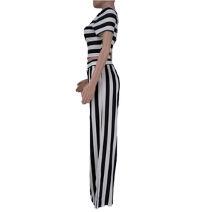 Ensemble deux pièces pour femmes, haut court rayé décontracté élégant d'été avec pantalon large - Product Image 3