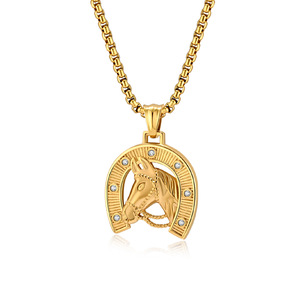 Collier tête de cheval en fer à cheval pour homme, pendentif en alliage de zinc, style artistique rétro hip-hop, bijoux de rue - Product Image 1