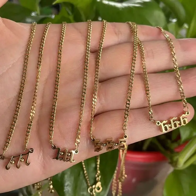Bijoux de mode placage vide 18 véritable or zéro chaîne de caractère numéros d'ange chanceux étiquettes suspendues carrées numériques collier femme