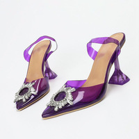 SXSD208 Nouvelle Arrivée 2022 Tendance Mode Estivale Chaussures de Sport Femme à Talon Bas en PVC Transparent Violet à Bout Pointu et Fleur en Cristal