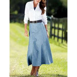 Jupe longue en jean grande taille bleu indigo en coton couleur unie micro-élastique pour femme style Europe Amérique - Product Image 2
