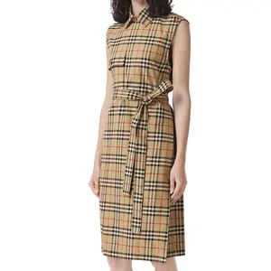 Classic Ladies Modest Slim Dress Formal Vintage Check Sleeveless Belt Cotton Shirt-dress Midi Women Casual Cami Dress