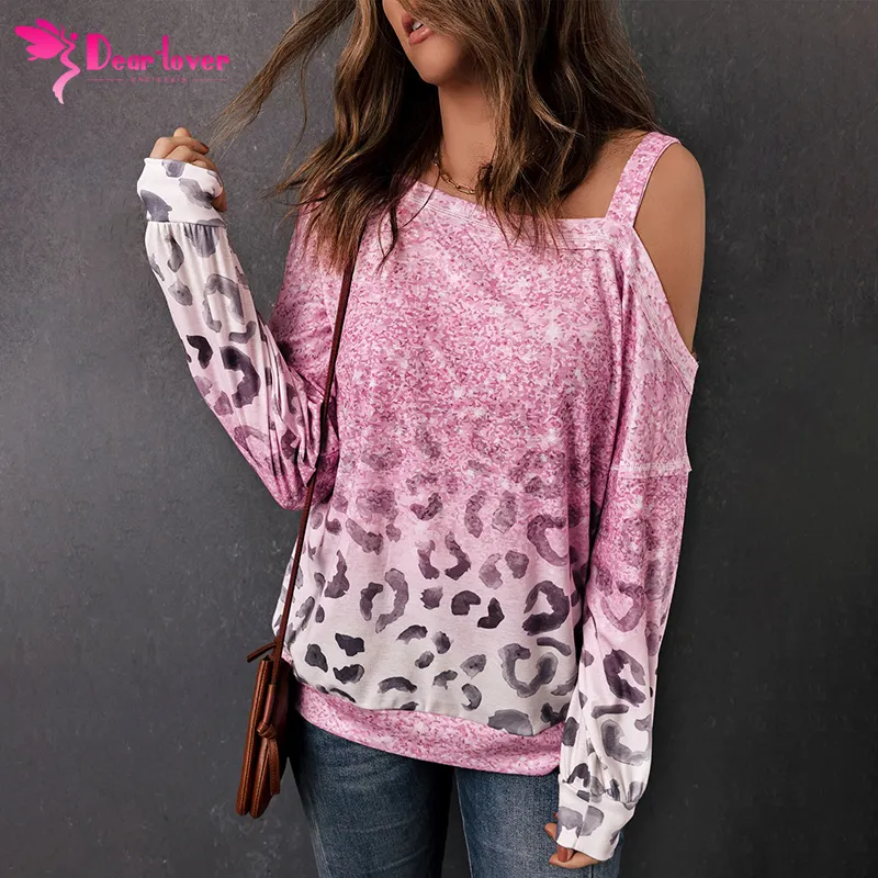 Dear-Lover Fashion Cute Y2K Full Print Shirt Woman Blouse Leopard Patchwork Tie Dye One Shoulder Long Sleeve Tops For Women