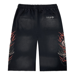 Pantalones Cortos Kirin de Alta Calidad con Diseño de Bestia Mítica para Hombre, Estilo Vintage, Lavado Desgastado, Cintura con Cordón Ajustable, Pierna Ancha, Estilo Urbano - Product Image 2