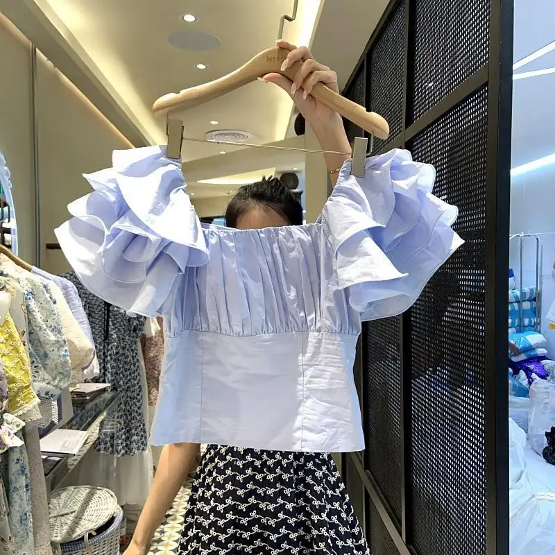 Wholesale South Korea Dongdaemun 2022 Summer New Style Wrinkled Design Niche Fashion High Waist Short Top Shirt