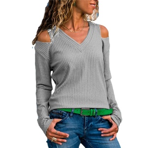 Suéter ajustado para mujer, ropa Sexy para discoteca, cuello de pico, manga larga, Top de punto acanalado, ropa informal de oficina - Product Image 5