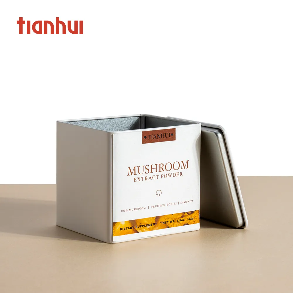 Tianhui Small Square Metal Tins for Mushroom Extract Powder Storage Canister