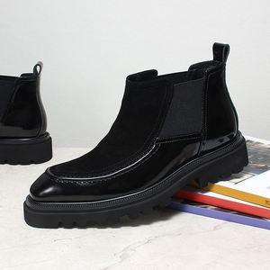 Bottes en cuir verni noir pour homme, bout carré, côtés élastiques, bottes à la cheville, semelle en caoutchouc antidérapante, toutes saisons - Product Image 4