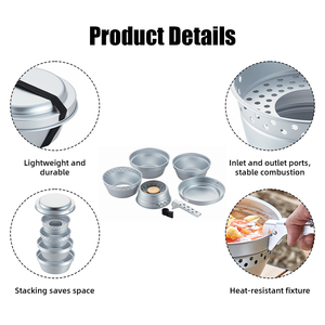 Juego de Cocina para Camping de 8 Piezas de Aluminio Plateado Apilable de 1.2L y 1.5L con Estufa de Alcohol Integrada - Product Image 3