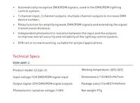 Amplificateur de puissance pour rail DIN, interface de signal 1 entrée 2 sorties, fonction relais à configuration à distance, isolation optique de la ligne DMX >3KV, garantie 5 ans