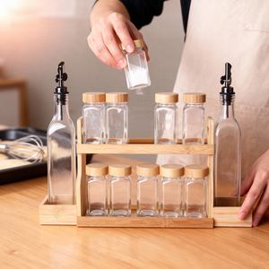 Estante para Condimentos de Bambú y Madera de Varias Capas con Soporte, Juego de Frascos de Vidrio para Almacenamiento de Alimentos, Estante para Especias de Cocina para Escritorio - Product Image 1