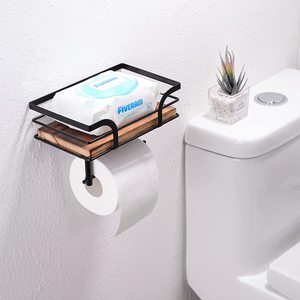 <span class=keywords><strong>Porte</strong></span>-<span class=keywords><strong>papier</strong></span> hygiénique ferme en <span class=keywords><strong>métal</strong></span> noir Oniya avec étagère pour accessoires de salle de bain rustiques avec étagère en <span class=keywords><strong>bois</strong></span> brun chaud - Product Image 5