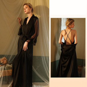 Hot Sale Ice Silky <strong>Nightdress</strong> and Sexy <strong>Black</strong> Lace Long Satin Nightgown Plus Size Pajamas Sleepwear for Women - Product Image 5