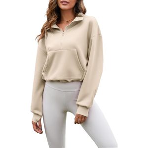 FOXA Womens Crop Half Zip Sweatshirt Fleece Lined Pullover With Pocket Workout <b>Tops</b> Regular Sleeve - Product Image 1